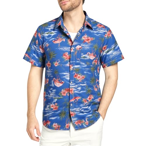 SSLR Mens Hawaiian Shirt Flamingos Casual Short Sleeve Button Down Shirts Aloha Shirt (Medium, Sapphire Blue) - Image 1