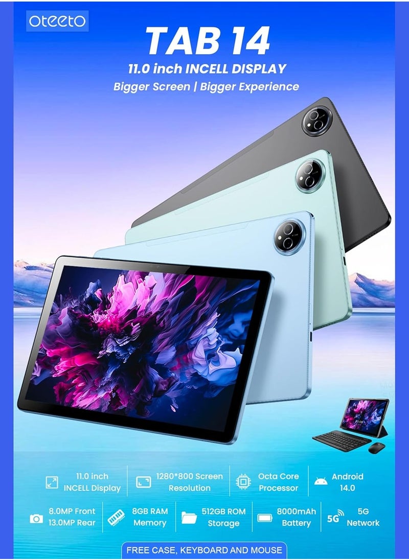 Oteeto - Oteeto TAB 14 Tablet/11 Inch Display/1280x800 Screen Resolution/Octa Core 2.0GHz Processor/Android 14/8MP Front + 13 MP Rear Camera/8GB RAM + 512GB ROM/8000 mAH Battery/4G Dual SIM/5G Wifi/Keyboard/Touch Pen/Mouse/Flip Cover (Blue) - Image 1