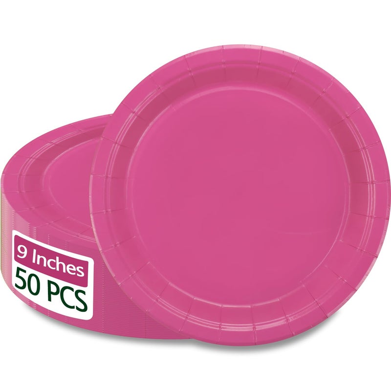 PTECDROTS 50Pcs Hot Pink Paper Plates 9 Cerise Round Disposable Dinner Plate for Holidays Picnic Celebrations Pink Birthday Party Supplies