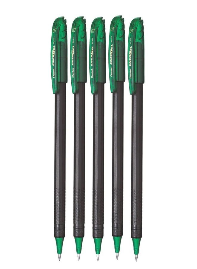 بنتل قلم حبر جاف Pentel EnerGel 0.7 مم | حبر سريع الجفاف لكتابة خالية من التلطخ | قلم حبر جاف خفيف الوزن لتجربة كتابة سلسة | حبر أخضر، عبوة من 5 أقلام (BL417) - Image 1