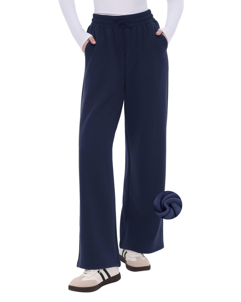 CAMPSNAIL Womens Fleece Lined Sweatpants Wide Leg Winter Warm Thermal Straight Leg Baggy Lounge Sweat Pants with Pockets Navy Blue - Image 1