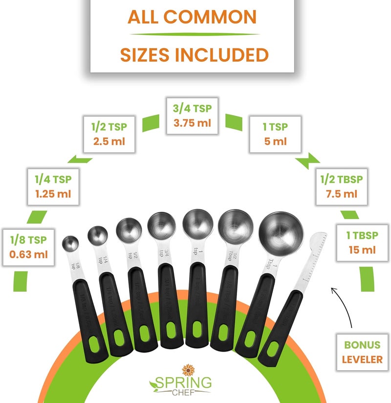 Spring Chef Magnetic Measuring Cups & Spoons Set (Patent Pending), Strong N45 Magnets, Heavy Duty Stainless Steel Fits in Spice Jars for Baking & Cooking, BPA Free, Round Set of 15 with Leveler, Black - Image 4