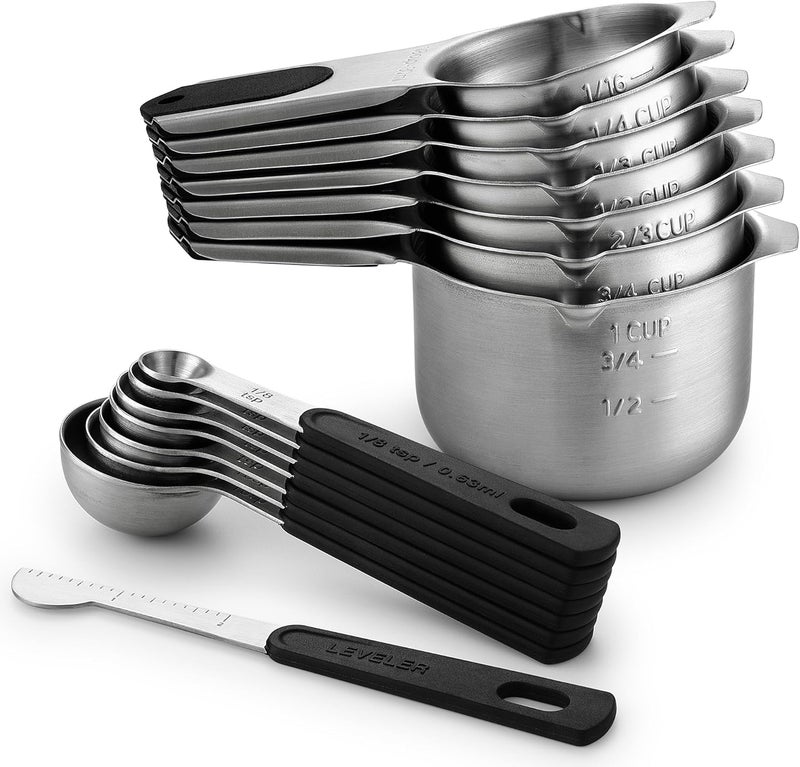 Spring Chef Magnetic Measuring Cups & Spoons Set (Patent Pending), Strong N45 Magnets, Heavy Duty Stainless Steel Fits in Spice Jars for Baking & Cooking, BPA Free, Round Set of 15 with Leveler, Black - Image 1