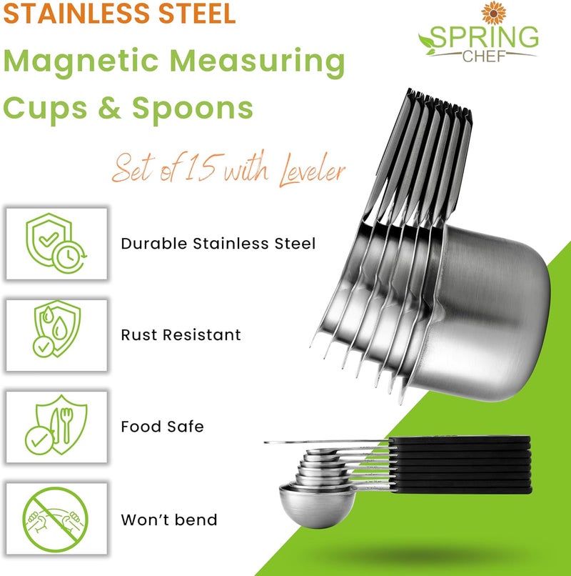 Spring Chef Magnetic Measuring Cups & Spoons Set (Patent Pending), Strong N45 Magnets, Heavy Duty Stainless Steel Fits in Spice Jars for Baking & Cooking, BPA Free, Round Set of 15 with Leveler, Black - Image 2