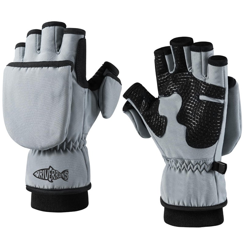 Riverruns Winter Fishing Gloves Convertible Mittens Fingerless for Men Women, Ideal for Ice Fishing, Photography, Hunting, Gray, M - Image 1