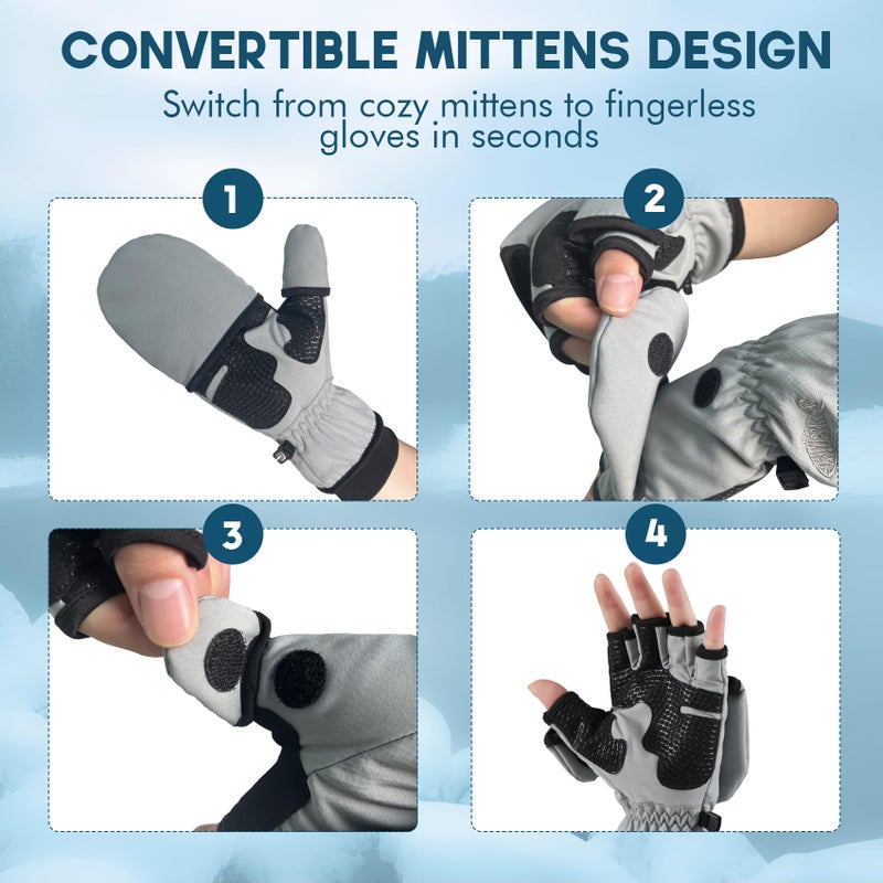 Riverruns Winter Fishing Gloves Convertible Mittens Fingerless for Men Women, Ideal for Ice Fishing, Photography, Hunting, Gray, M - Image 4