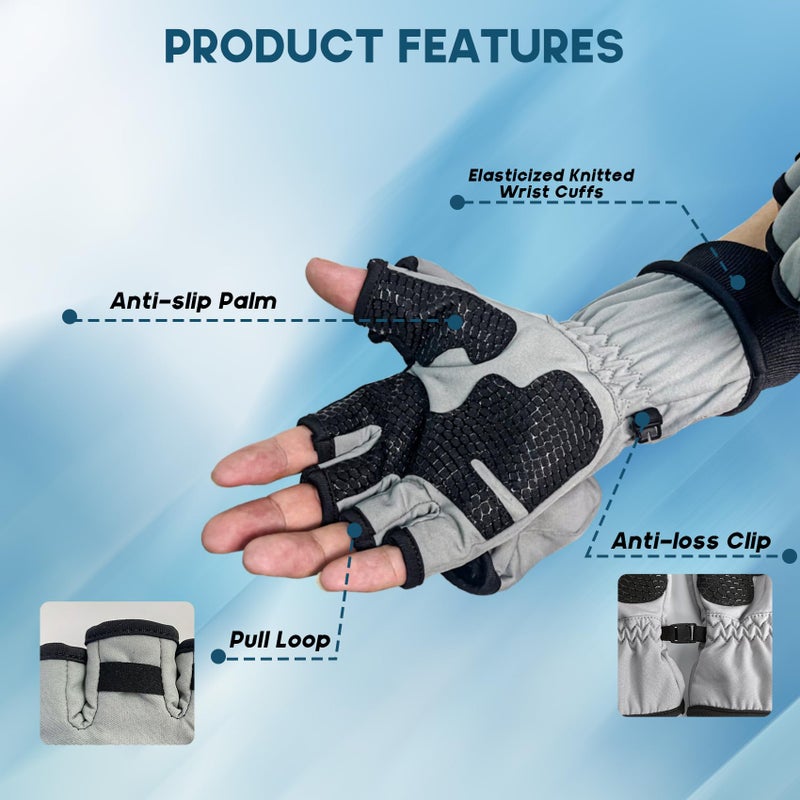 Riverruns Winter Fishing Gloves Convertible Mittens Fingerless for Men Women, Ideal for Ice Fishing, Photography, Hunting, Gray, M - Image 3