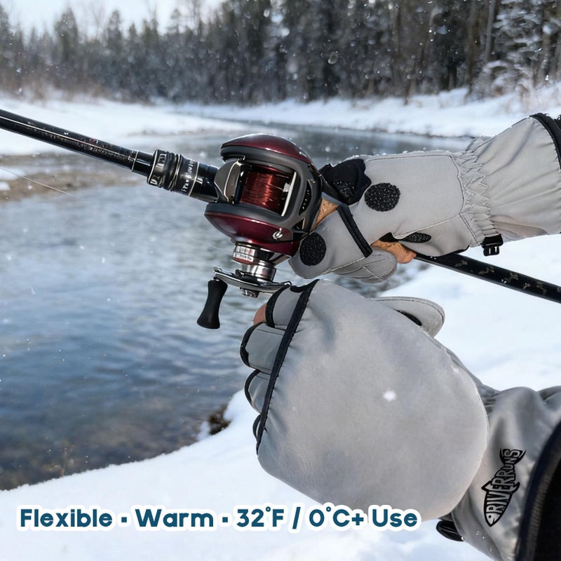 Riverruns Winter Fishing Gloves Convertible Mittens Fingerless for Men Women, Ideal for Ice Fishing, Photography, Hunting, Gray, M - Image 5