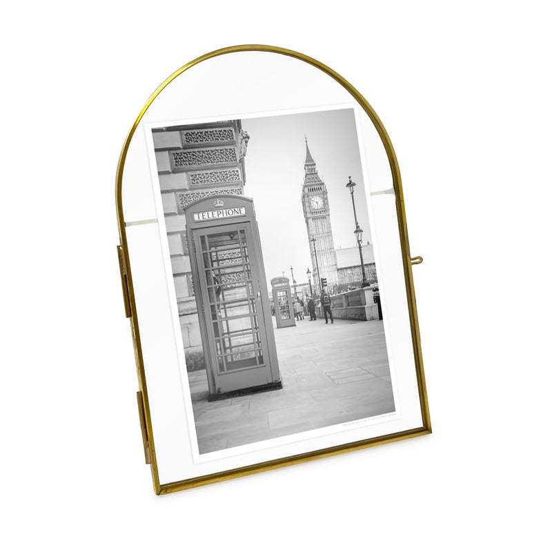 Isaac Jacobs 5x7 Vintage Style Arched Brass  Glass Metal Floating Picture Frame with Locket Closure Vertical Made for Tabletop Display 5x7 Vertical Antique Gold