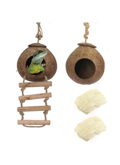 Hamiledyi Coconut Bird Nest Hut Coconut Hide With Ladder Natural Coconut Fiber Hanging Birdhouse Cage Coconut Bird Shell Breeding Nest Pet Cage Habitats Decor For Parrot Parakeet Lovebird Finch Canary  - Image 1