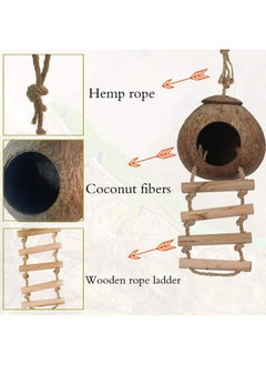 Hamiledyi Coconut Bird Nest Hut Coconut Hide With Ladder Natural Coconut Fiber Hanging Birdhouse Cage Coconut Bird Shell Breeding Nest Pet Cage Habitats Decor For Parrot Parakeet Lovebird Finch Canary  - Image 3