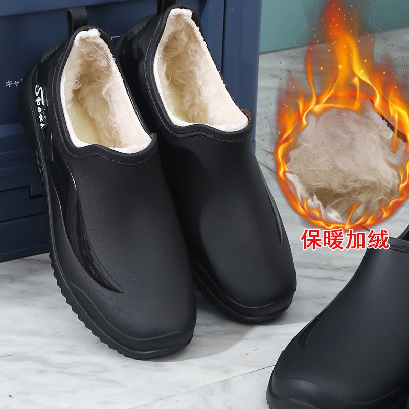Fashionable Mens Short Rain Boots Non-Slip Warm Kitchen Work Shoes 309 black (one size larger with cotton) 