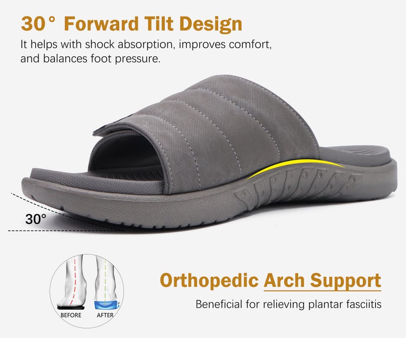 ONCAI Mens Sandals Adjustable Straps Orthotic Plantar Fasciitis Open Toe Athletic Sport Slides with Soft Comfy Arch Support Footbed Grey Size 10 - Image 2