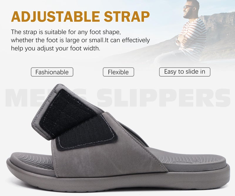 ONCAI Mens Sandals Adjustable Straps Orthotic Plantar Fasciitis Open Toe Athletic Sport Slides with Soft Comfy Arch Support Footbed Grey Size 10 - Image 3