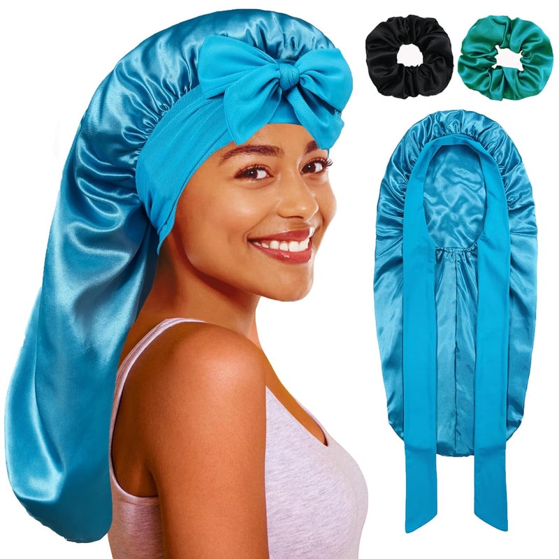 Long Bonnet with Tie Band, Satin Hair Silk Bonnet for Sleeping Women, Sleep Bonnets for Women, Double Layer Silky Sleep Cap for Curly Hair Braids