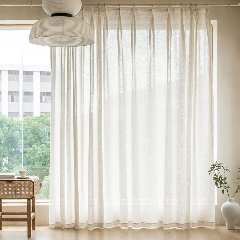 MAIHER 84 Wide Pinch Pleated Curtains 96 Inches Long for Sliding Glass Door Linen Blend Texture Pinch Pleat Semi Sheer Drapes with Hooks for Living Room Light Filtering 1 Panel