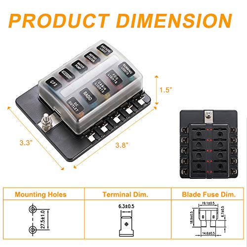 BUNKER INDUST 10-Way Fuse Box Blade Fuse Block Holder with LED Indicator for Blown Fuse Waterpoof Protection Cover for Car Boat Marine Automotive,Include 20Pcs Blade Fuses and 1Pcs DIY Sticker - Image 4