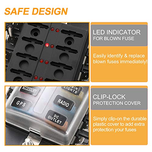 BUNKER INDUST 10-Way Fuse Box Blade Fuse Block Holder with LED Indicator for Blown Fuse Waterpoof Protection Cover for Car Boat Marine Automotive,Include 20Pcs Blade Fuses and 1Pcs DIY Sticker - Image 2