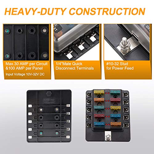 BUNKER INDUST 10-Way Fuse Box Blade Fuse Block Holder with LED Indicator for Blown Fuse Waterpoof Protection Cover for Car Boat Marine Automotive,Include 20Pcs Blade Fuses and 1Pcs DIY Sticker - Image 3