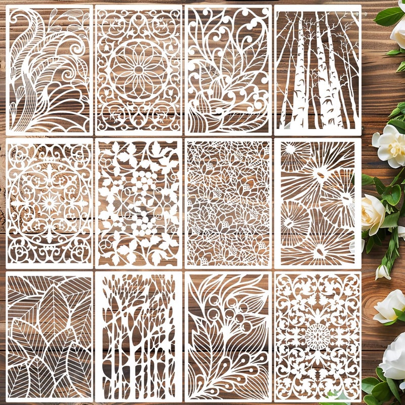 SUNVERSE Stencils for Crafts Reusable Texture Stencils Floral Stencil Leaf Tree Templates for Painting on Wood Furniture Card Canvas Paper Scrapbook - Image 1