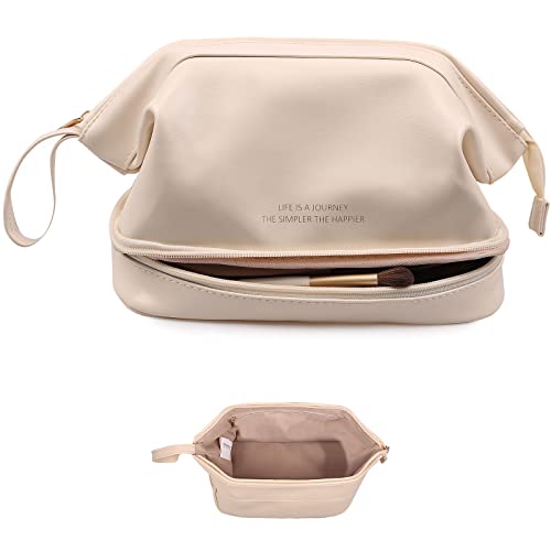 Abiudeng Large Makeup Bag for Women,Travel Makeup Organizer with Brush Holder, Dopp Kit Essentials,Waterproof PU Cosmetic Bag for Traveling,Multi Compartment, Cute,Spacious Capacity-white - Image 1