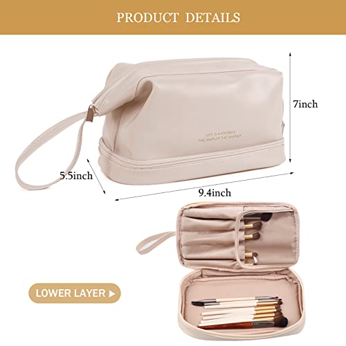 Abiudeng Large Makeup Bag for Women,Travel Makeup Organizer with Brush Holder, Dopp Kit Essentials,Waterproof PU Cosmetic Bag for Traveling,Multi Compartment, Cute,Spacious Capacity-white - Image 2