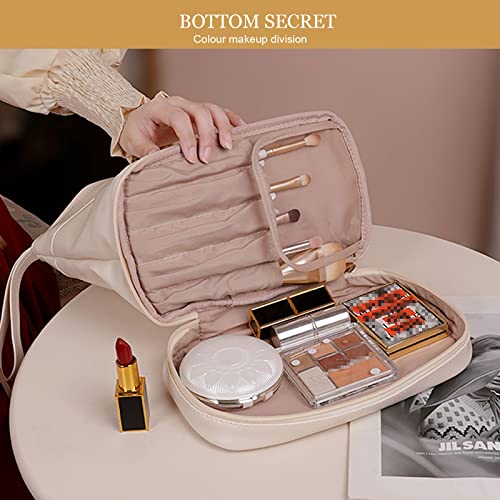 Abiudeng Large Makeup Bag for Women,Travel Makeup Organizer with Brush Holder, Dopp Kit Essentials,Waterproof PU Cosmetic Bag for Traveling,Multi Compartment, Cute,Spacious Capacity-white - Image 5