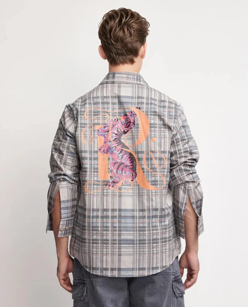 Rare Rabbit Men's Checked With Graphic Back Print Shirt