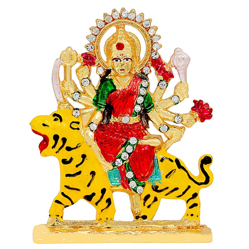 Memoir Brass Colourful Meenakari Durga Sherawali MATA Image Idol Stand Showpiece 635 cm Brass Multicolor - Image 1