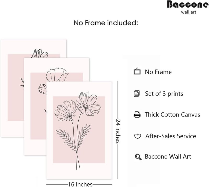 Baccone Botanical Wall Art Decor Set of 3 Pink Flower Wall Art Line Art Wall Decor Floral Wall Art Plant Pictures Minimalist Wall Art Botanical Canvas Prints Artwork for Living Room Home 16x24 Inch UNFRAMED - Image 2