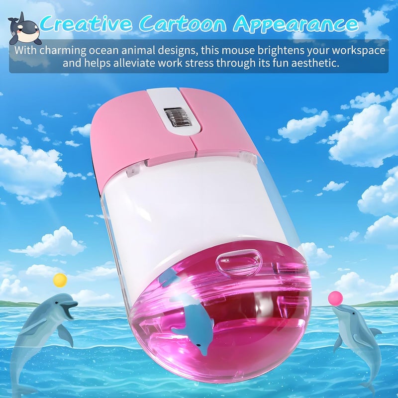 elec Space Cute Floating Animal Wireless Optical Mouse, Silent Design, 2.4G Stable Connection, Perfect for Office & Home Use, Ideal for Kids & Adults (Dolphin-Pink) - Image 2