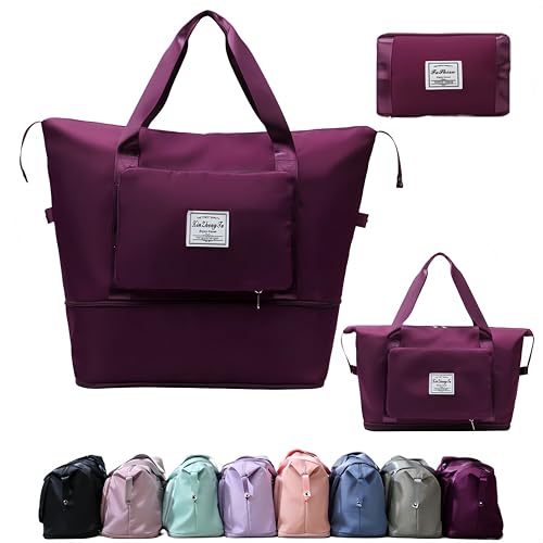 RichMoro Large Capacity Foldable Travel Bag, Expandable lightweight Carry on Bag, Dry with Wet Separation Spor Duffel Bags (Fuchsia) - Image 1
