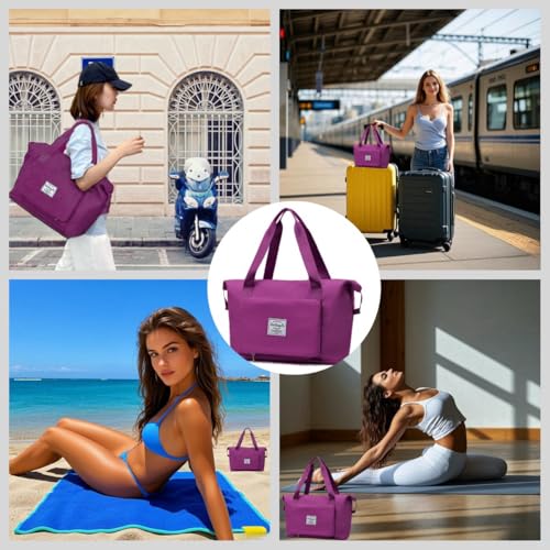 RichMoro Large Capacity Foldable Travel Bag, Expandable lightweight Carry on Bag, Dry with Wet Separation Spor Duffel Bags (Fuchsia) - Image 4