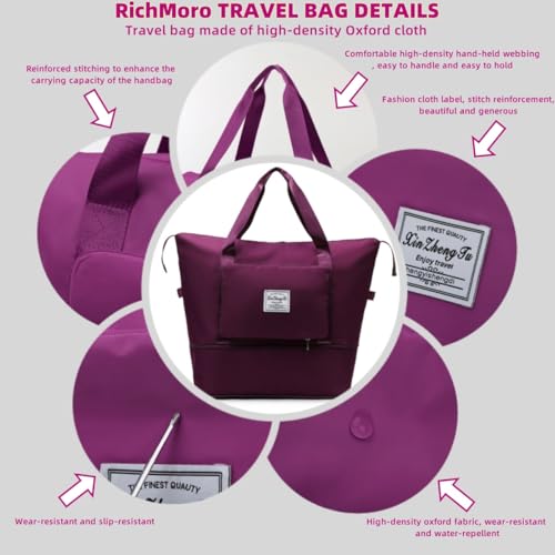 RichMoro Large Capacity Foldable Travel Bag, Expandable lightweight Carry on Bag, Dry with Wet Separation Spor Duffel Bags (Fuchsia) - Image 5