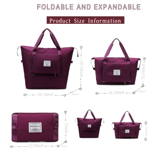 RichMoro Large Capacity Foldable Travel Bag, Expandable lightweight Carry on Bag, Dry with Wet Separation Spor Duffel Bags (Fuchsia) - Image 2