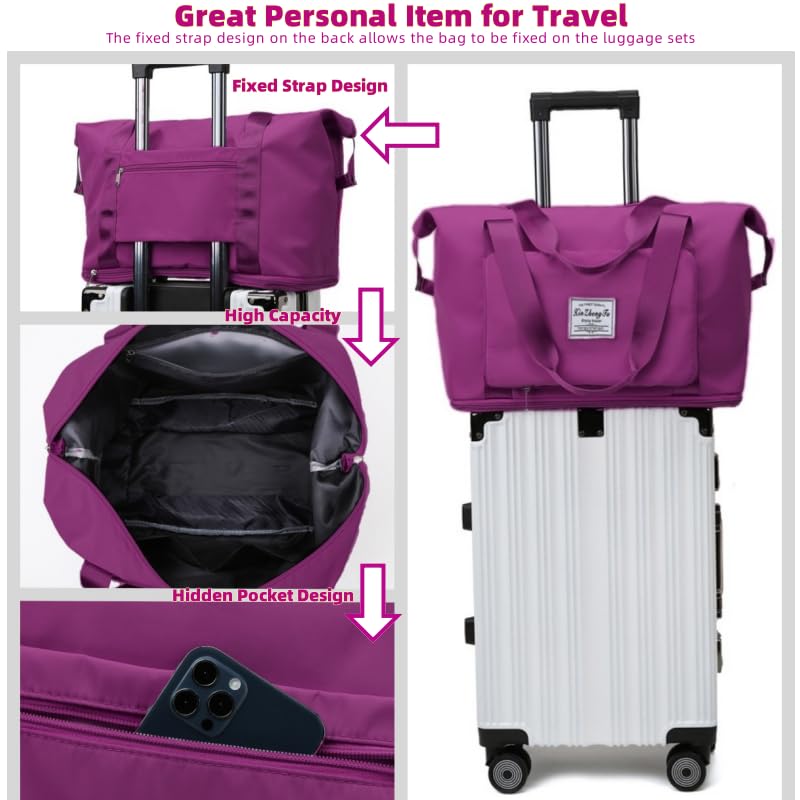 RichMoro Large Capacity Foldable Travel Bag, Expandable lightweight Carry on Bag, Dry with Wet Separation Spor Duffel Bags (Fuchsia) - Image 3