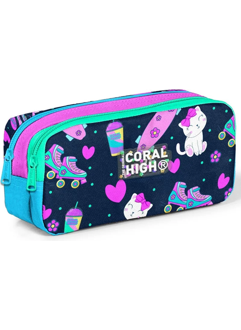 CORAL HIGH Kids Navy Blue Pink Cat Skate Pattern Two Compartment Pencil Bag 12091
