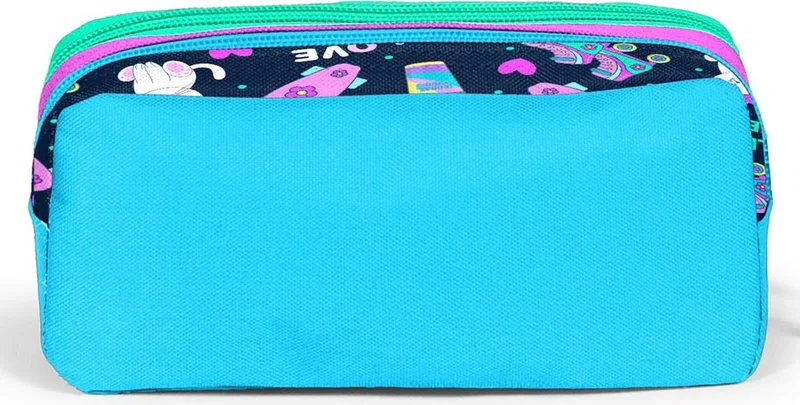 كورال هاي Kids Navy Blue Pink Cat Skate Pattern Two Compartment Pencil Bag 12091