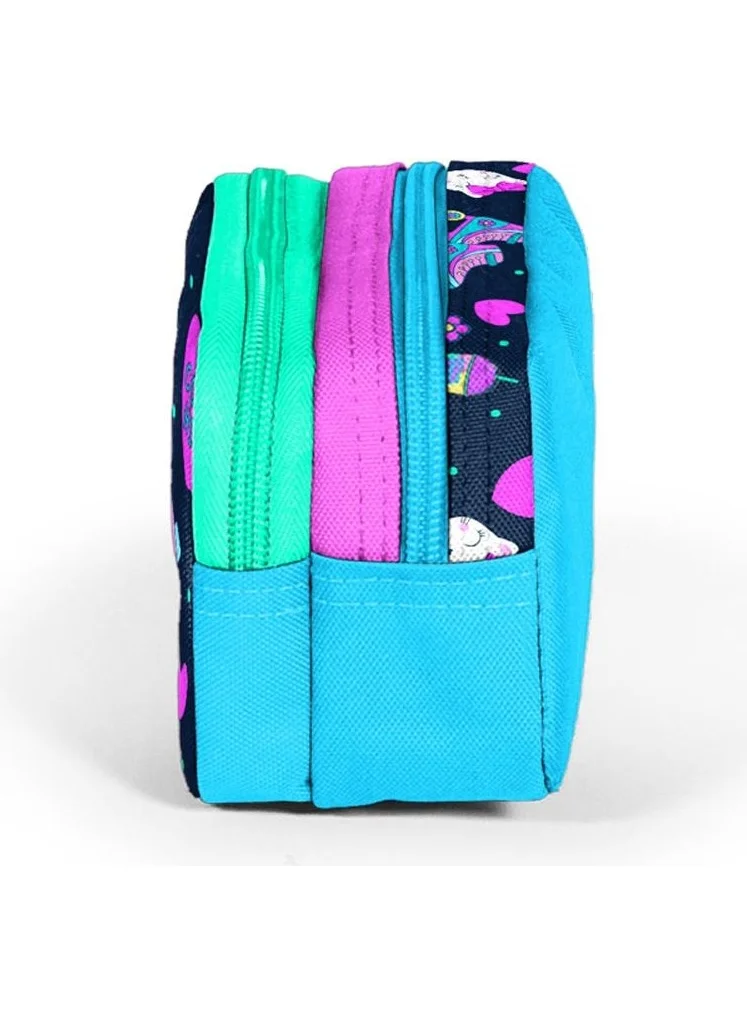 CORAL HIGH Kids Navy Blue Pink Cat Skate Pattern Two Compartment Pencil Bag 12091