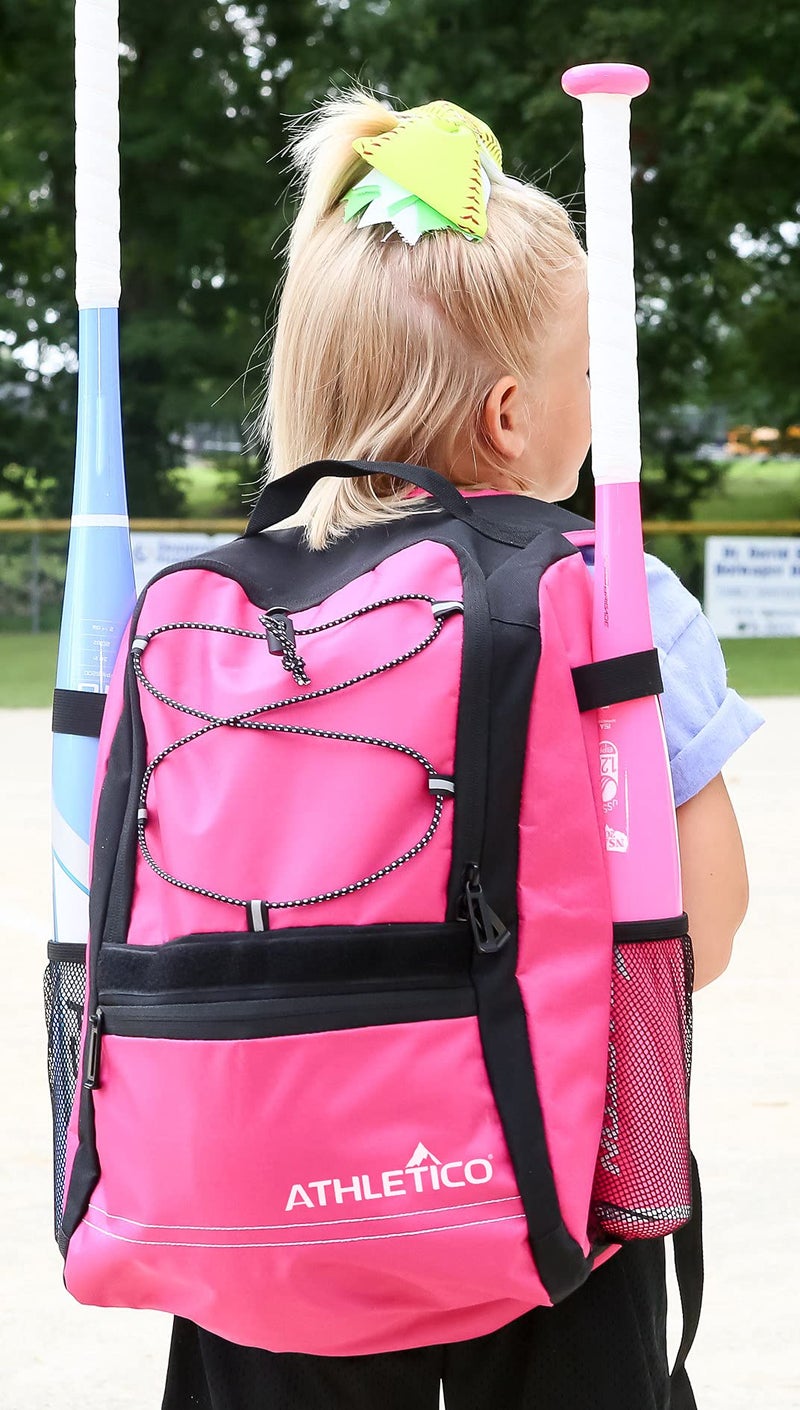Athletico Youth Baseball Bag - Bat Backpack for Baseball, T-Ball & Softball Equipment & Gear | Holds Bat, Helmet, Glove | Fence Hook (Pink) - Image 5
