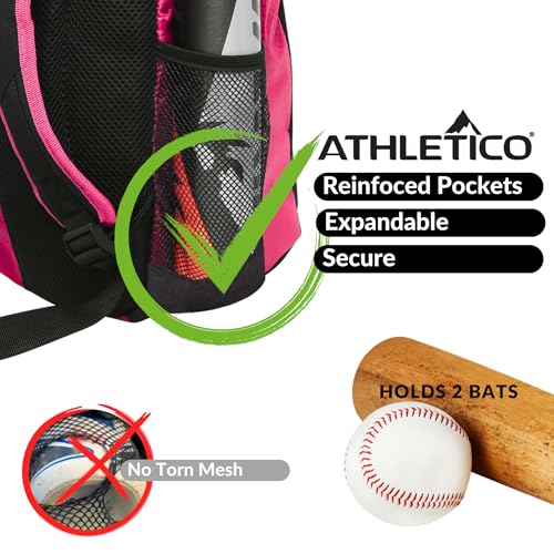 Athletico Youth Baseball Bag - Bat Backpack for Baseball, T-Ball & Softball Equipment & Gear | Holds Bat, Helmet, Glove | Fence Hook (Pink) - Image 4