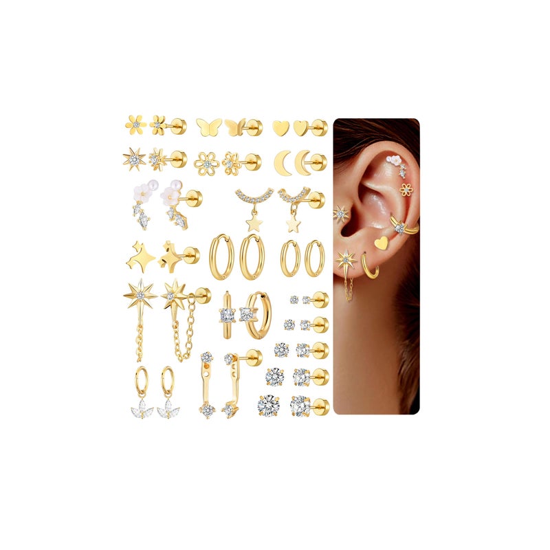 Tamhoo 20 Pairs Gold Flat Back Earrings Hypoallergenic Cartilage Earring for Women,Mix of 10pcs Hoops,30pcs Studs,Dazzling Helix & Tragus Piercing Jewelry,20G Screw Back Earrings Sets for Multiple Piercing (#2) - Image 1