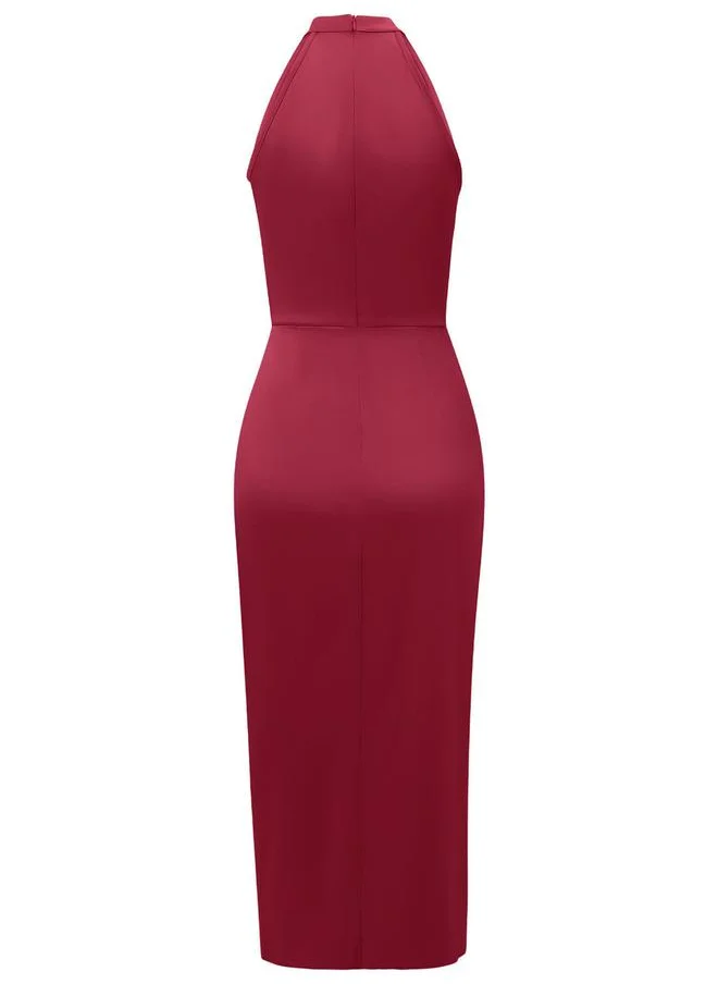 تايك تو Satin Solid Halter Neck Bodycon Midi Dress