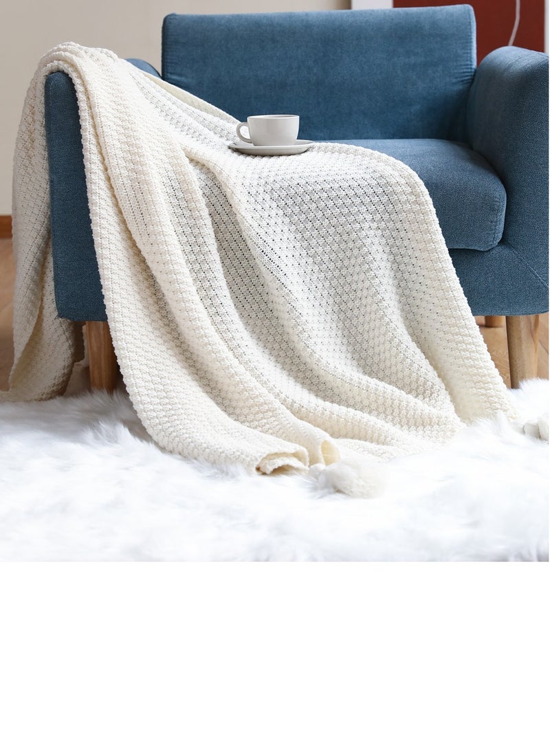 Loquat Solid Color Textured Knitted Soft Throw Blanket Keep Warm White  - Image 1