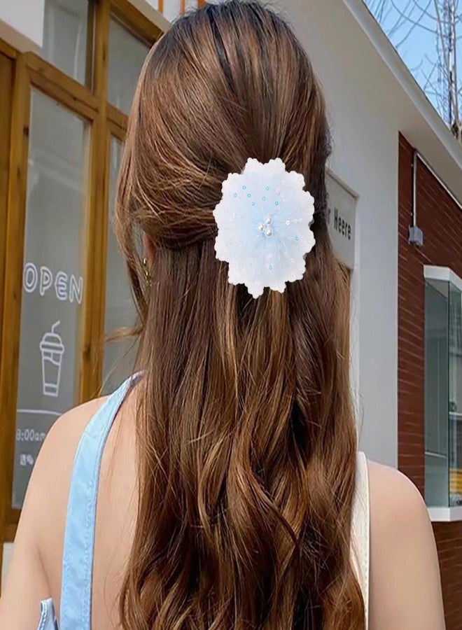 ZOLYCO 3.5 Inch Lace Pearl Bow Clips for Women Girls Thick Ribbon Boutique Alligator Clips Hair Accessories for Kids Children Young Girls 2 Pcs (Blue) - Image 3