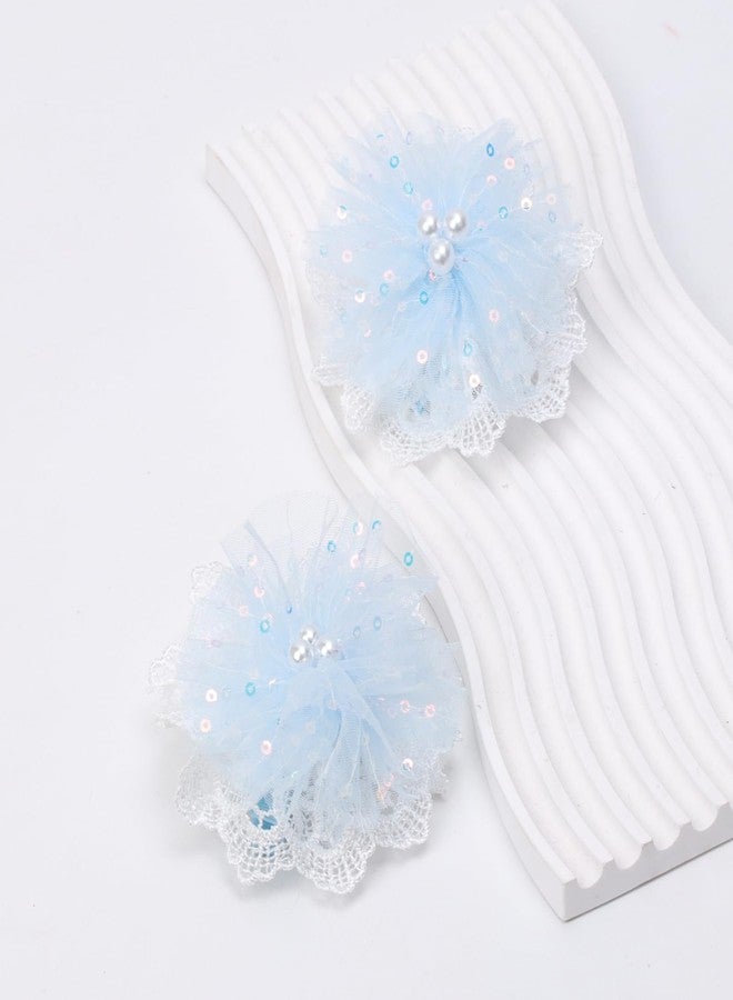 ZOLYCO 3.5 Inch Lace Pearl Bow Clips for Women Girls Thick Ribbon Boutique Alligator Clips Hair Accessories for Kids Children Young Girls 2 Pcs (Blue) - Image 5