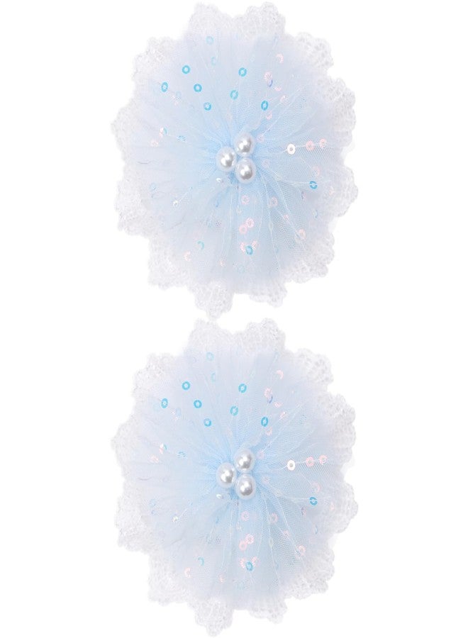 ZOLYCO 3.5 Inch Lace Pearl Bow Clips for Women Girls Thick Ribbon Boutique Alligator Clips Hair Accessories for Kids Children Young Girls 2 Pcs (Blue) - Image 1