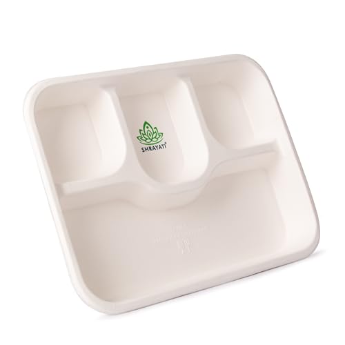 Shrayati Sugarecane Bagasse Plates - 25 Pcs, 4 Compartment, Rectangle Disposable Plates for Parties, Use and Throw Plates, Eco-Friendly - Image 2