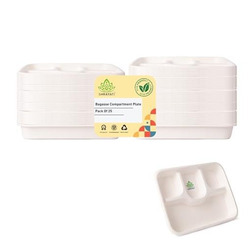 Shrayati Sugarecane Bagasse Plates - 25 Pcs, 4 Compartment, Rectangle Disposable Plates for Parties, Use and Throw Plates, Eco-Friendly - Image 1