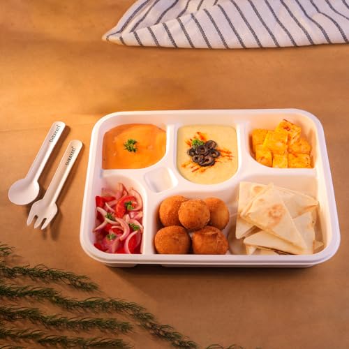Shrayati Sugarecane Bagasse Plates - 25 Pcs, 4 Compartment, Rectangle Disposable Plates for Parties, Use and Throw Plates, Eco-Friendly - Image 5